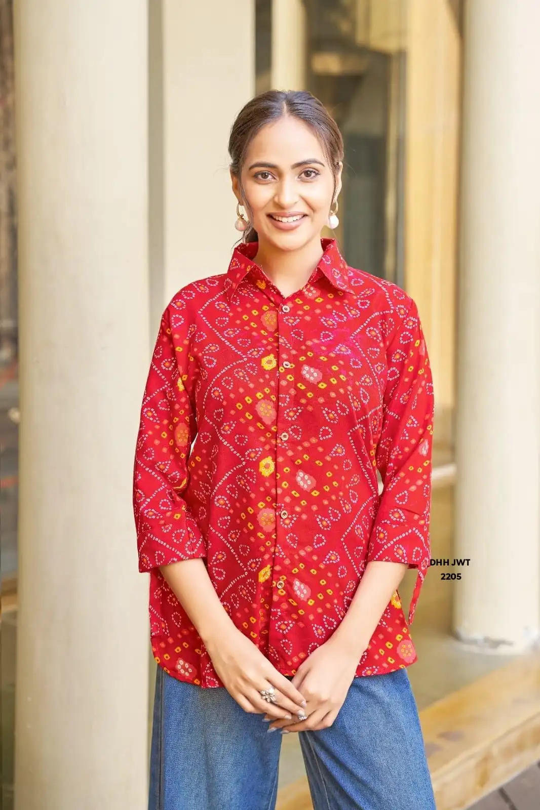 Women's Bandhani Print Shirt Top in Red